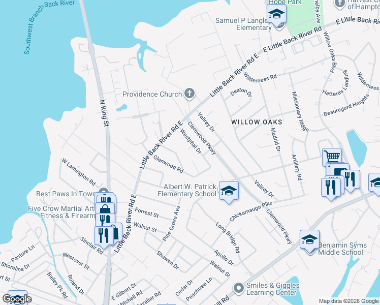 map of restaurants, bars, coffee shops, grocery stores, and more near 6 Olga Court in Hampton