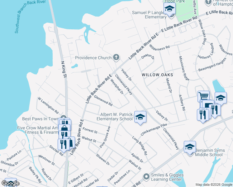 map of restaurants, bars, coffee shops, grocery stores, and more near 6 Olga Court in Hampton