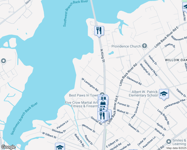 map of restaurants, bars, coffee shops, grocery stores, and more near 105 Boeing Avenue in Hampton
