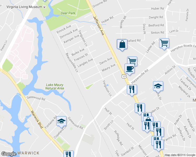 map of restaurants, bars, coffee shops, grocery stores, and more near 16 Maury Avenue in Newport News