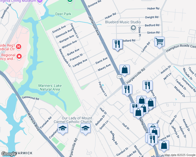 map of restaurants, bars, coffee shops, grocery stores, and more near Newport Avenue in Newport News