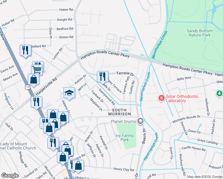 map of restaurants, bars, coffee shops, grocery stores, and more near 748 Michelle Drive in Newport News