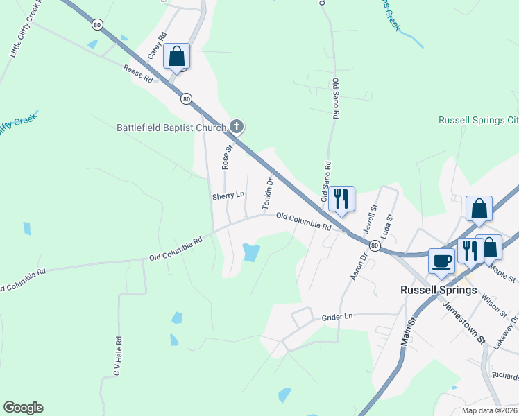 map of restaurants, bars, coffee shops, grocery stores, and more near 44-104 Tonkin Dr in Russell Springs