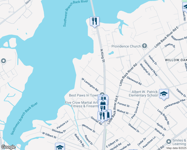 map of restaurants, bars, coffee shops, grocery stores, and more near 105 Boeing Avenue in Hampton