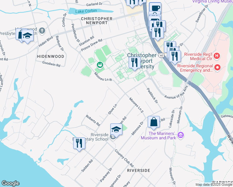 map of restaurants, bars, coffee shops, grocery stores, and more near 4 Meadow Drive in Newport News