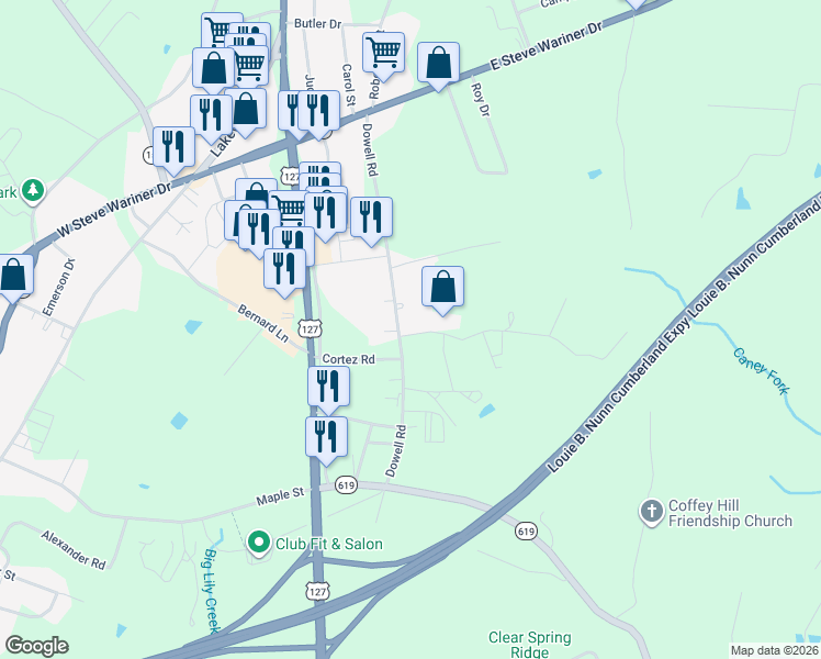 map of restaurants, bars, coffee shops, grocery stores, and more near 338 Dowell Road in Russell Springs