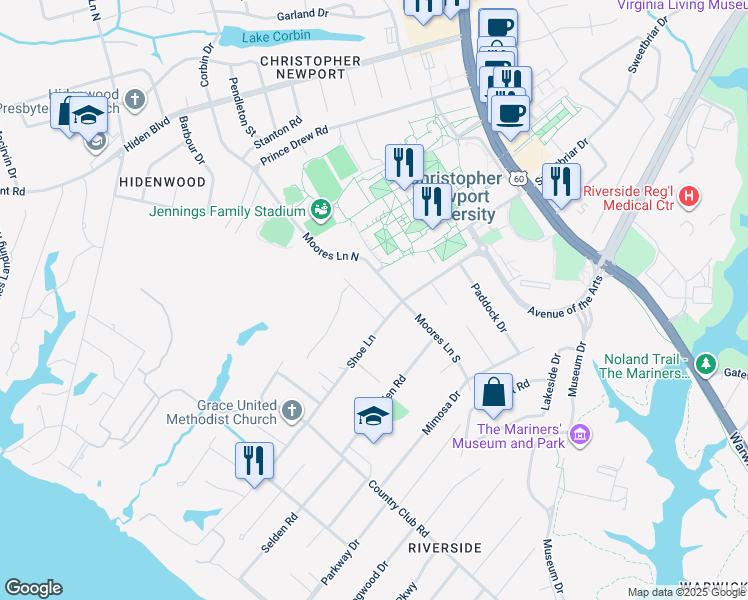 map of restaurants, bars, coffee shops, grocery stores, and more near 4 Meadow Drive in Newport News