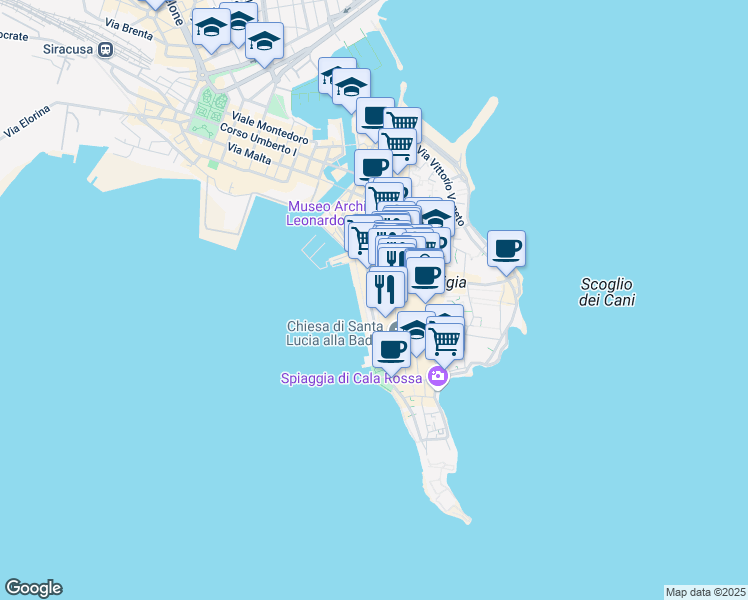 map of restaurants, bars, coffee shops, grocery stores, and more near 10 Via della Amalfitania in Siracusa