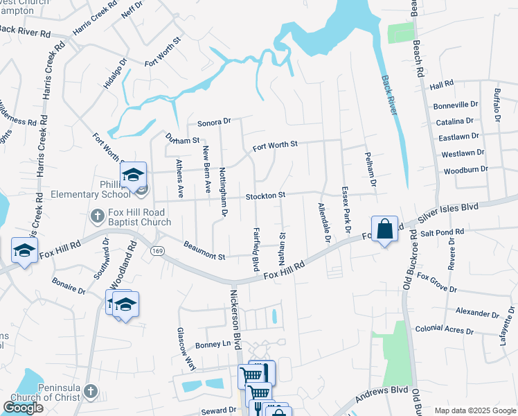 map of restaurants, bars, coffee shops, grocery stores, and more near 636 Fairfield Boulevard in Hampton