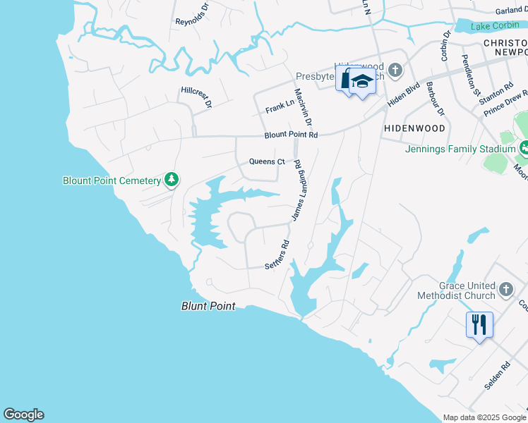 map of restaurants, bars, coffee shops, grocery stores, and more near 2 Lantern Circle in Newport News