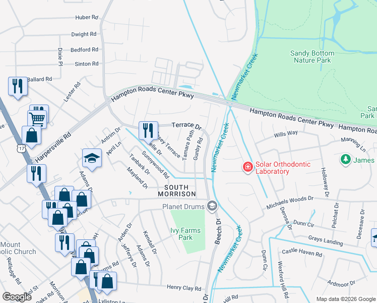 map of restaurants, bars, coffee shops, grocery stores, and more near 736 Tamara Path in Newport News