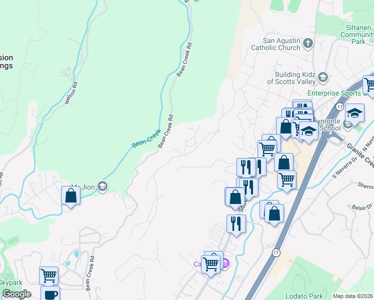 map of restaurants, bars, coffee shops, grocery stores, and more near 0 Deer Trail Way in Scotts Valley