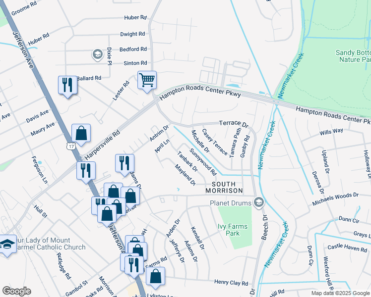 map of restaurants, bars, coffee shops, grocery stores, and more near 753 Sunnywood Road in Newport News