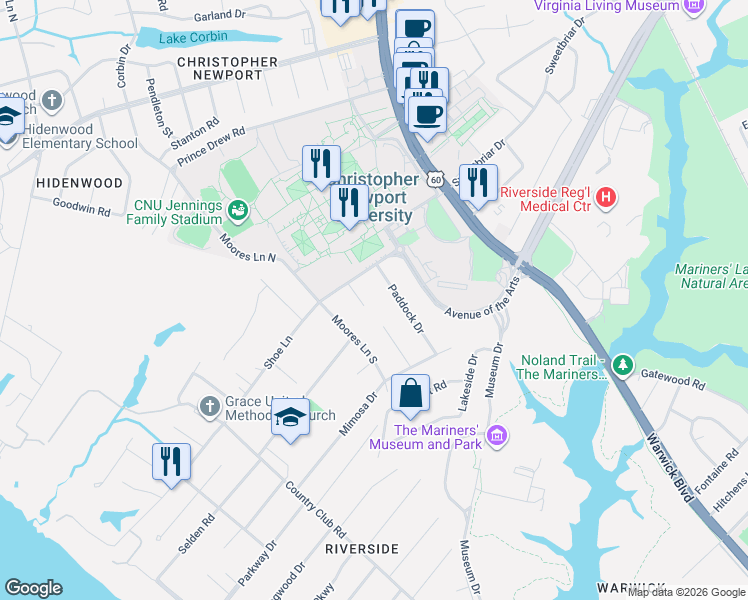 map of restaurants, bars, coffee shops, grocery stores, and more near 7 Briar Patch Place in Newport News