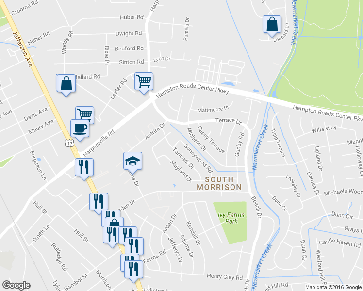map of restaurants, bars, coffee shops, grocery stores, and more near 753 Sunnywood Road in Newport News