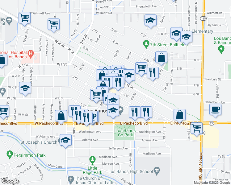 map of restaurants, bars, coffee shops, grocery stores, and more near 631 I St in Los Banos
