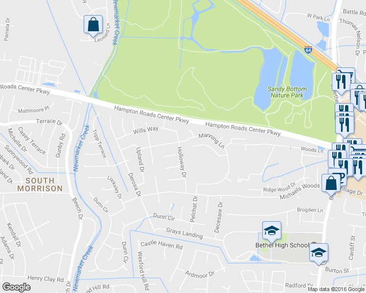 map of restaurants, bars, coffee shops, grocery stores, and more near 32 Holloway Drive in Hampton