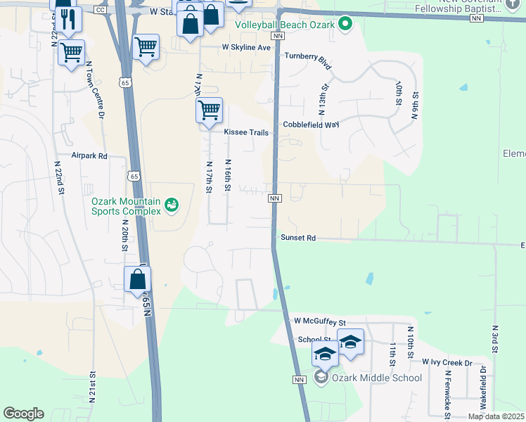 map of restaurants, bars, coffee shops, grocery stores, and more near 4449 State Highway NN in Ozark