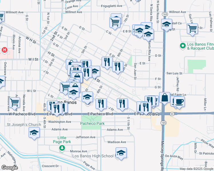 map of restaurants, bars, coffee shops, grocery stores, and more near 840 H St in Los Banos