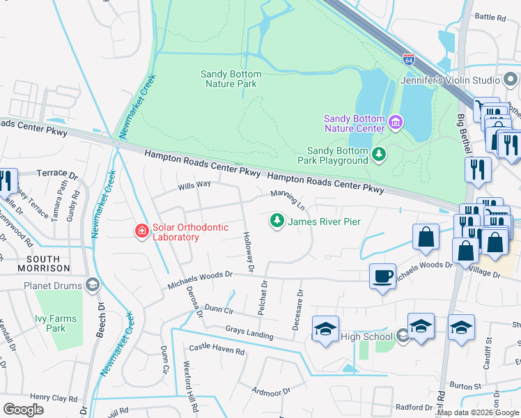 map of restaurants, bars, coffee shops, grocery stores, and more near 303 Michael Selby Drive in Hampton
