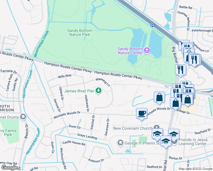 map of restaurants, bars, coffee shops, grocery stores, and more near 326 Manning Lane in Hampton