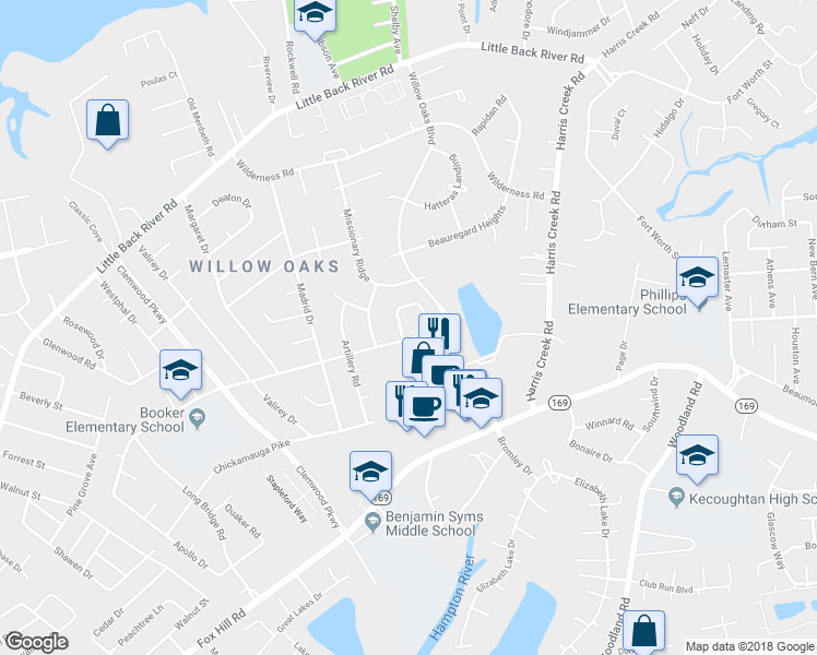 map of restaurants, bars, coffee shops, grocery stores, and more near 102 Horseshoe Landing in Hampton