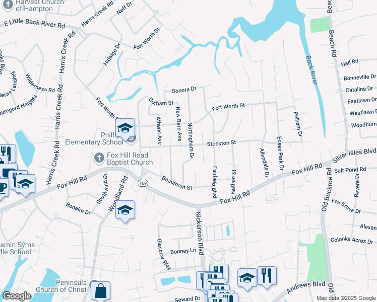 map of restaurants, bars, coffee shops, grocery stores, and more near 643 Nottingham Drive in Hampton