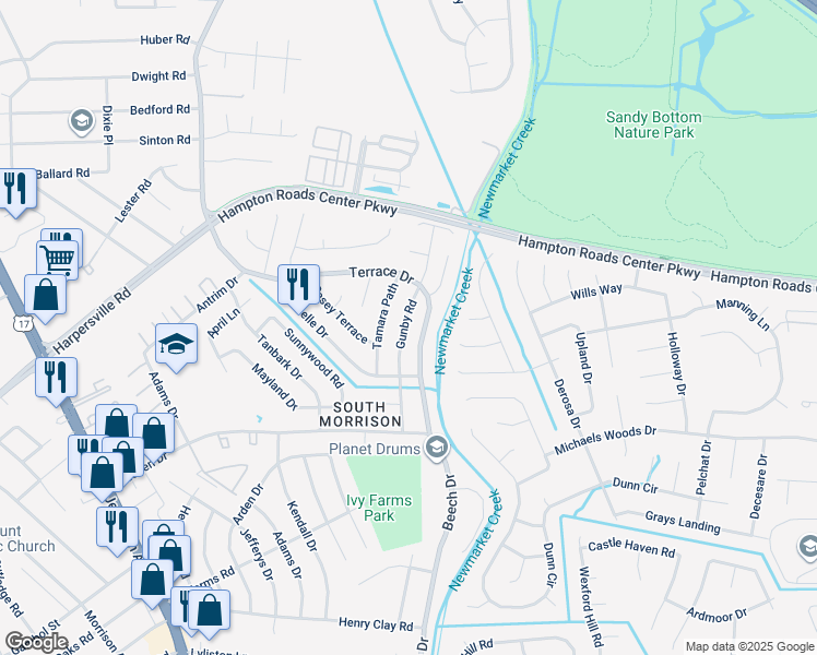 map of restaurants, bars, coffee shops, grocery stores, and more near 740 Gunby Road in Newport News