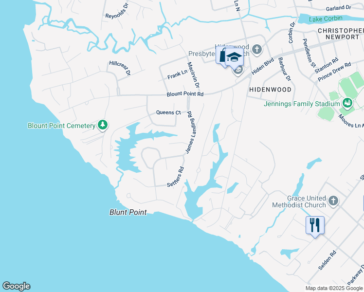 map of restaurants, bars, coffee shops, grocery stores, and more near 10 Lantern Circle in Newport News