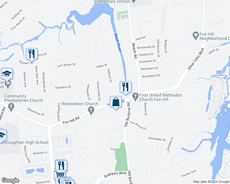 map of restaurants, bars, coffee shops, grocery stores, and more near 614 Pelham Drive in Hampton