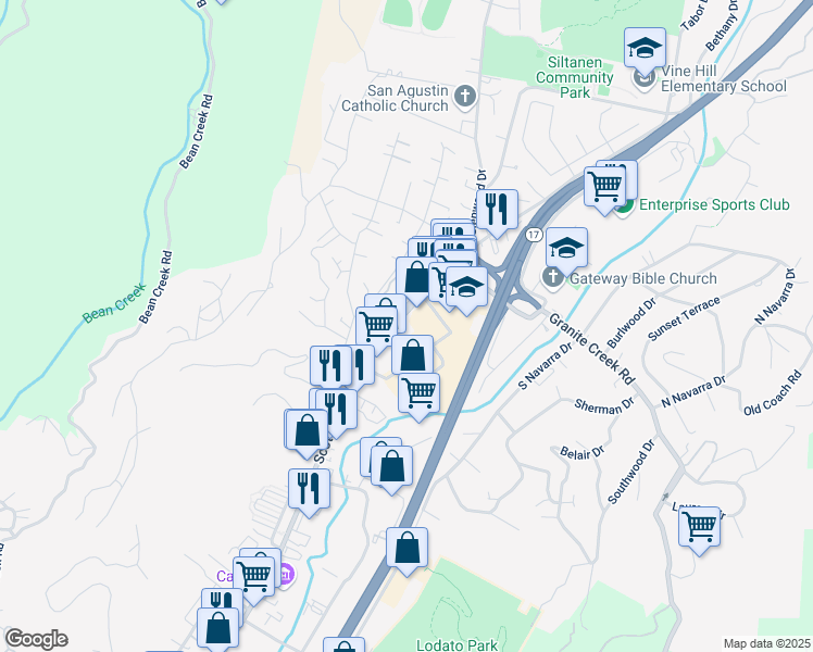 map of restaurants, bars, coffee shops, grocery stores, and more near 5524 Scotts Valley Drive in Scotts Valley