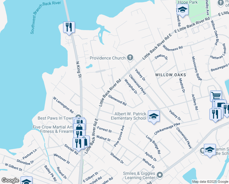 map of restaurants, bars, coffee shops, grocery stores, and more near 104 Rosewood Drive in Hampton