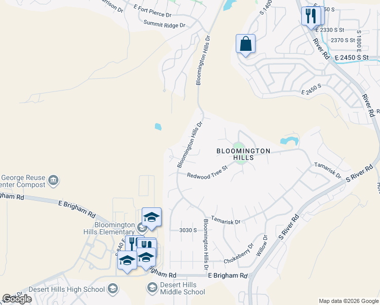 map of restaurants, bars, coffee shops, grocery stores, and more near 1110 Plum Cir in St George
