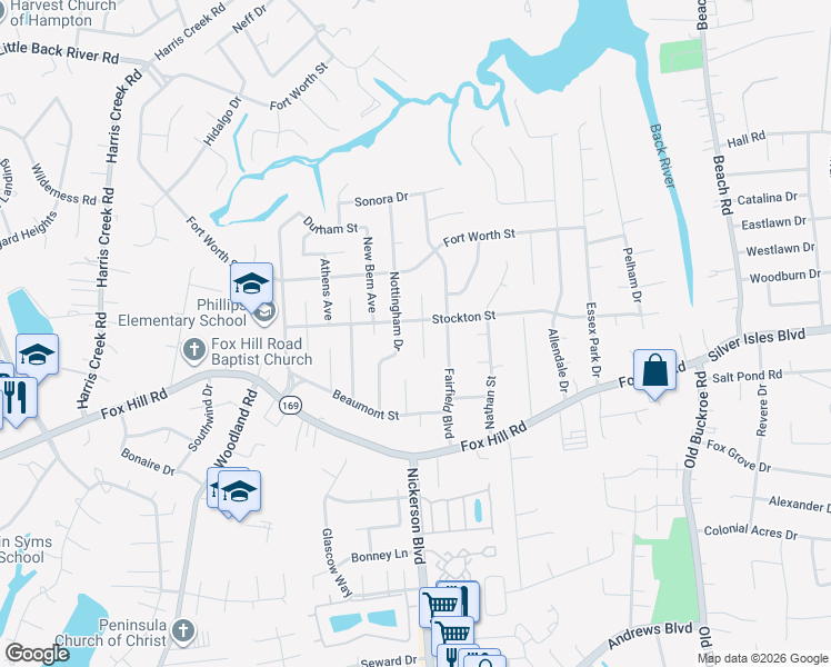 map of restaurants, bars, coffee shops, grocery stores, and more near 636 Kings View Court in Hampton