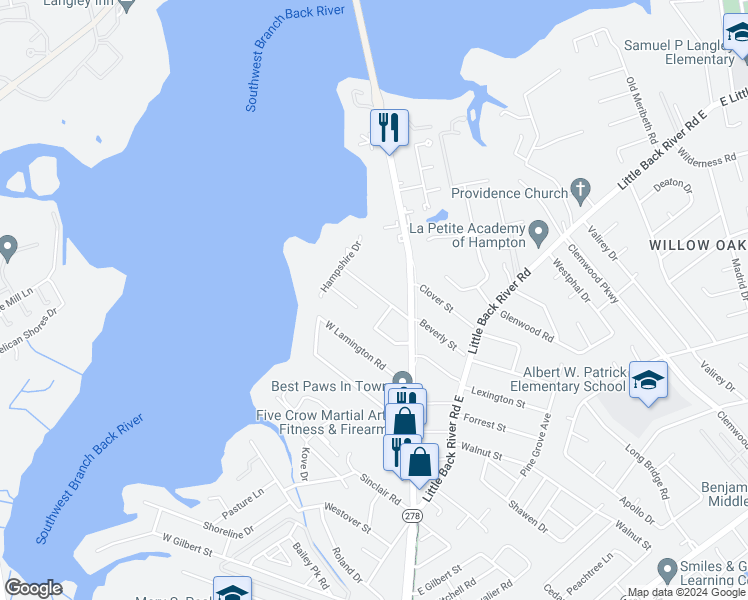 map of restaurants, bars, coffee shops, grocery stores, and more near 105 Boeing Avenue in Hampton