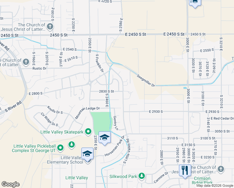 map of restaurants, bars, coffee shops, grocery stores, and more near 2526 2830 South Street in Saint George