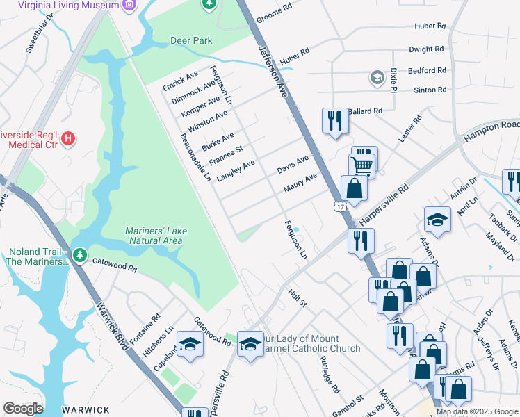 map of restaurants, bars, coffee shops, grocery stores, and more near 16 Maury Avenue in Newport News