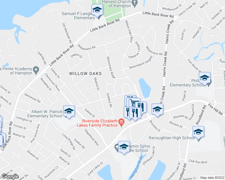 map of restaurants, bars, coffee shops, grocery stores, and more near 107 Seminary Ridge in Hampton