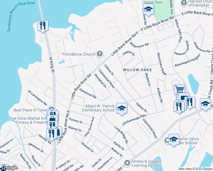 map of restaurants, bars, coffee shops, grocery stores, and more near 25 Westphal Drive in Hampton