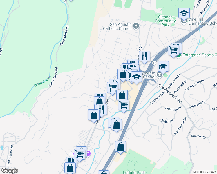 map of restaurants, bars, coffee shops, grocery stores, and more near 100 San Augustine Way in Scotts Valley