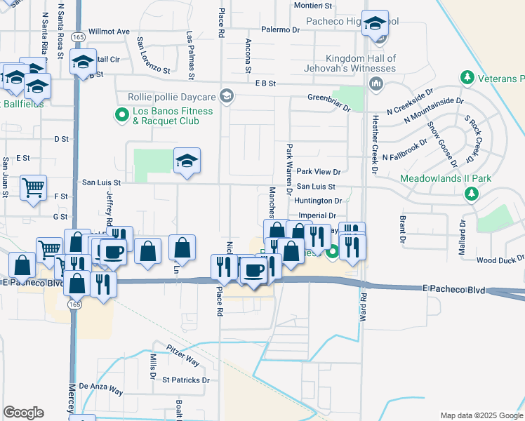 map of restaurants, bars, coffee shops, grocery stores, and more near 1985 San Luis Street in Los Banos