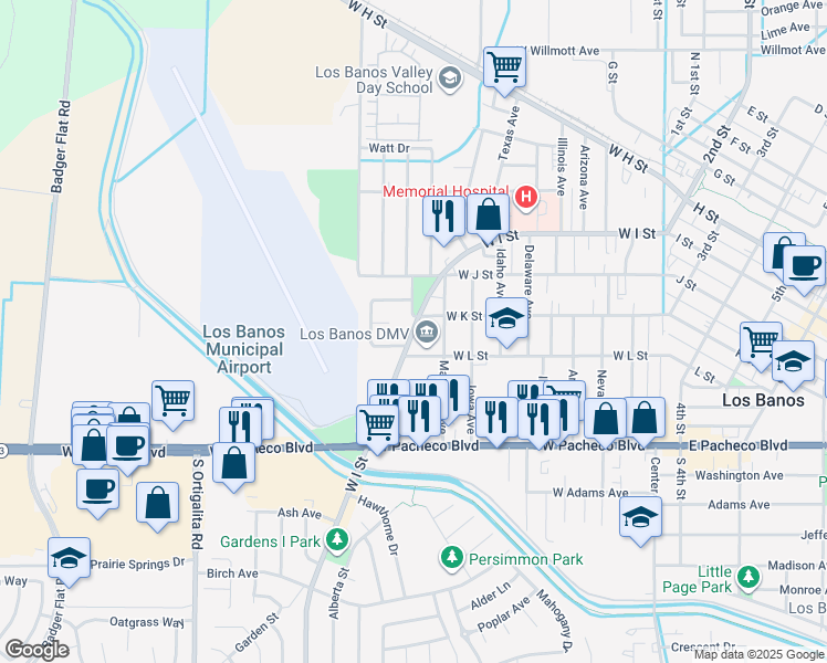 map of restaurants, bars, coffee shops, grocery stores, and more near 1115 West I Street in Los Banos