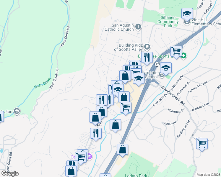 map of restaurants, bars, coffee shops, grocery stores, and more near 102 San Augustine Way in Scotts Valley