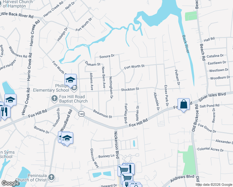 map of restaurants, bars, coffee shops, grocery stores, and more near 636 Kings View Court in Hampton