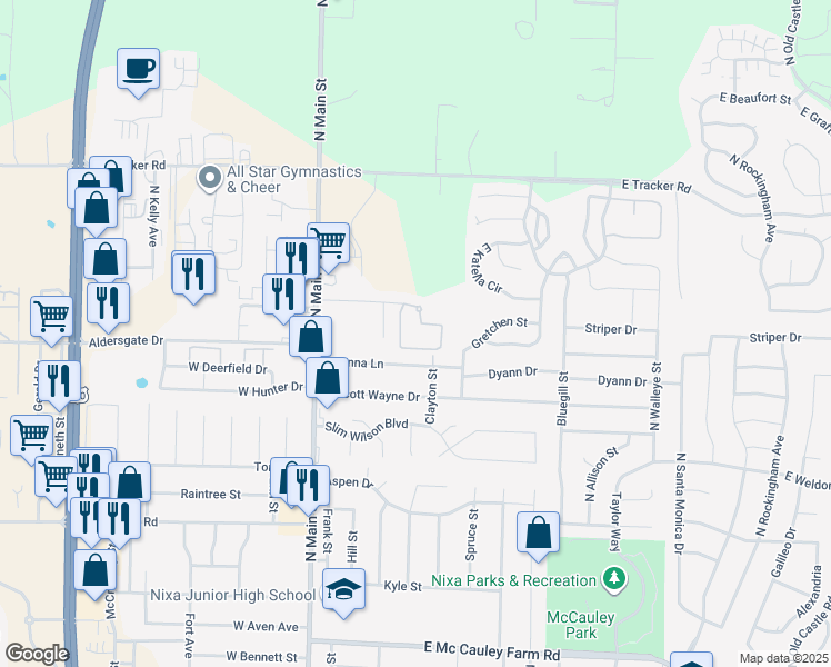 map of restaurants, bars, coffee shops, grocery stores, and more near 300 Peachtree Drive in Nixa