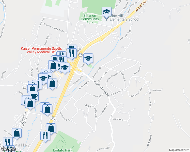 map of restaurants, bars, coffee shops, grocery stores, and more near 114 North Navarra Drive in Scotts Valley
