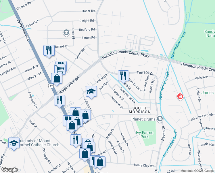 map of restaurants, bars, coffee shops, grocery stores, and more near 741 Tanbark Dr in Newport News