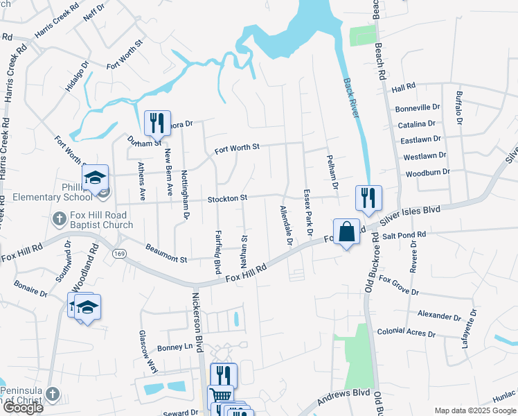 map of restaurants, bars, coffee shops, grocery stores, and more near 31 Baxter Street in Hampton