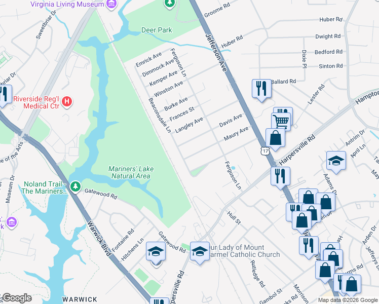 map of restaurants, bars, coffee shops, grocery stores, and more near 5 Maury Avenue in Newport News