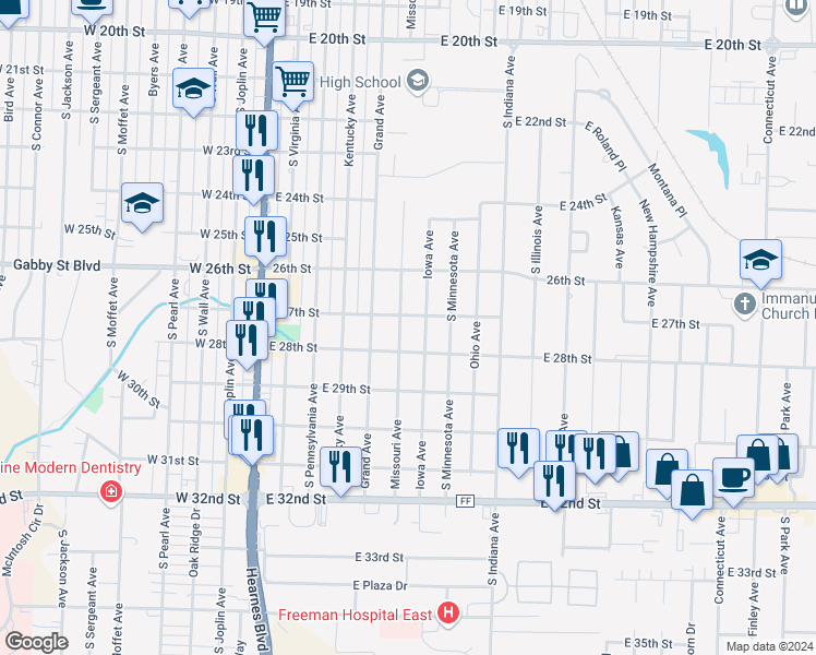 map of restaurants, bars, coffee shops, grocery stores, and more near 2711 Missouri Avenue in Joplin